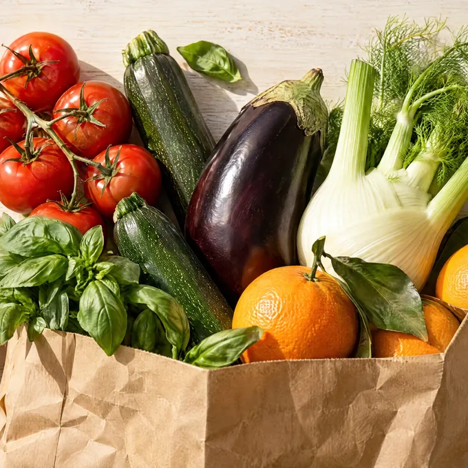 A paper grocery bag full of tomatoes, eggplant, zucchini, fennel, oranges and basil