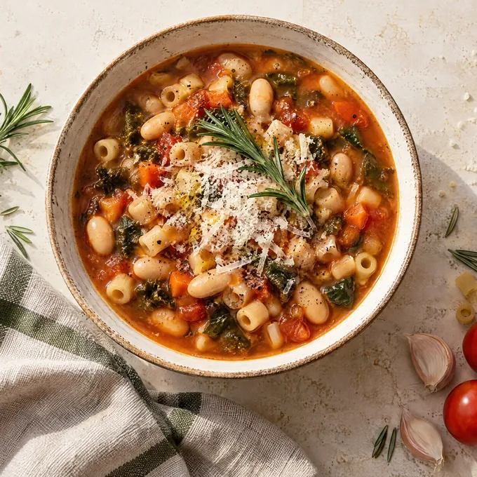 A bowl of pasta e fagioli with rosemary and grated Parmesan